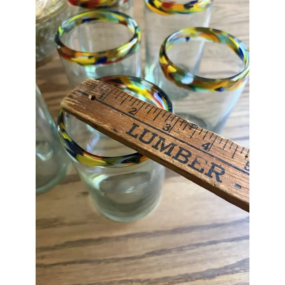 Vintage Mexican Hand Blown Carnival Rimmed Cocktail Glasses Set of 6 Thick Glass